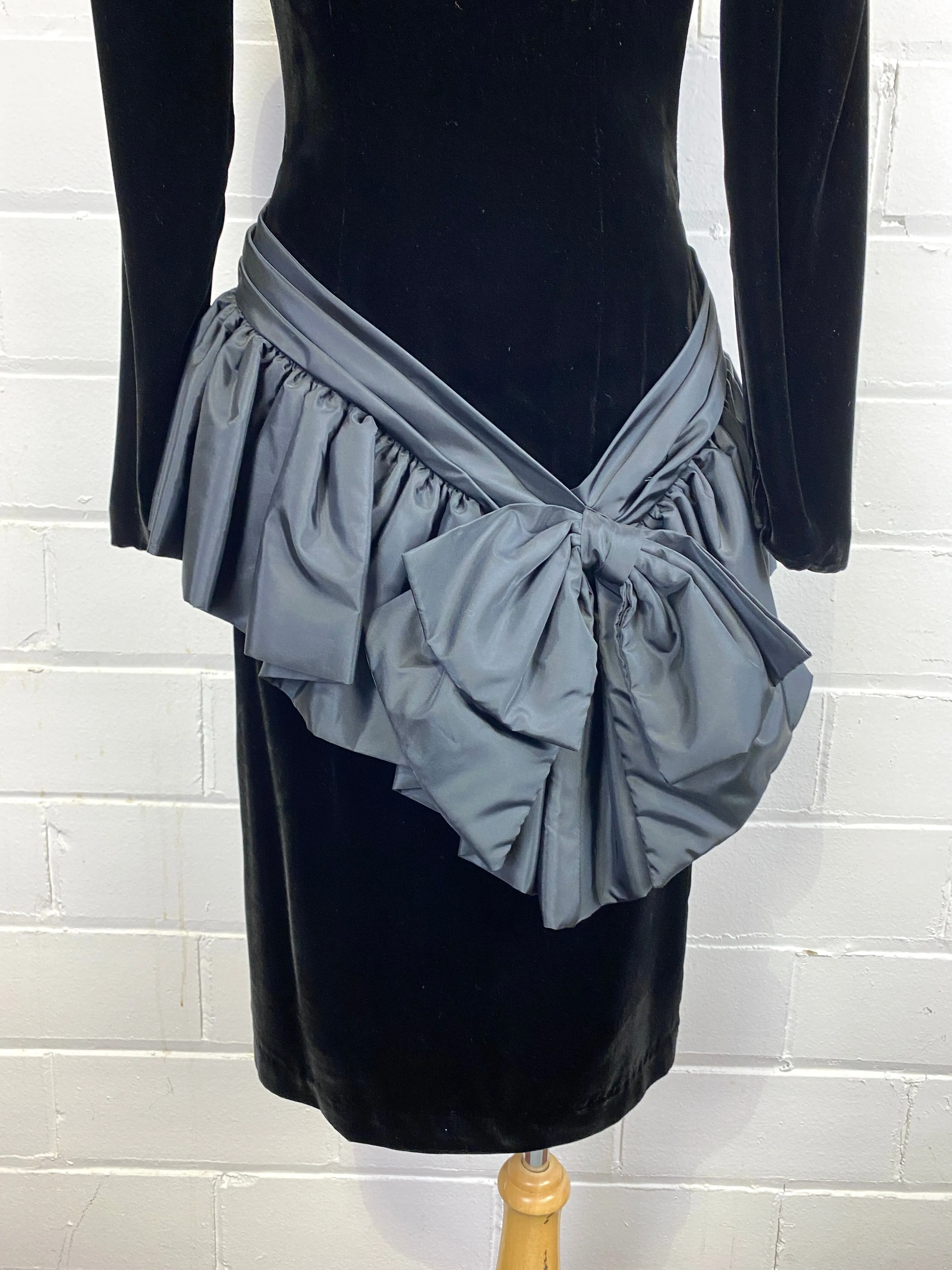 Vintage 1980s Black Long Sleeve Velvet Cocktail Dress with Taffeta Bow, Wayne Clark, Small