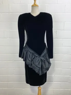 Vintage 1980s Black Long Sleeve Velvet Cocktail Dress with Taffeta Bow, Wayne Clark, Small