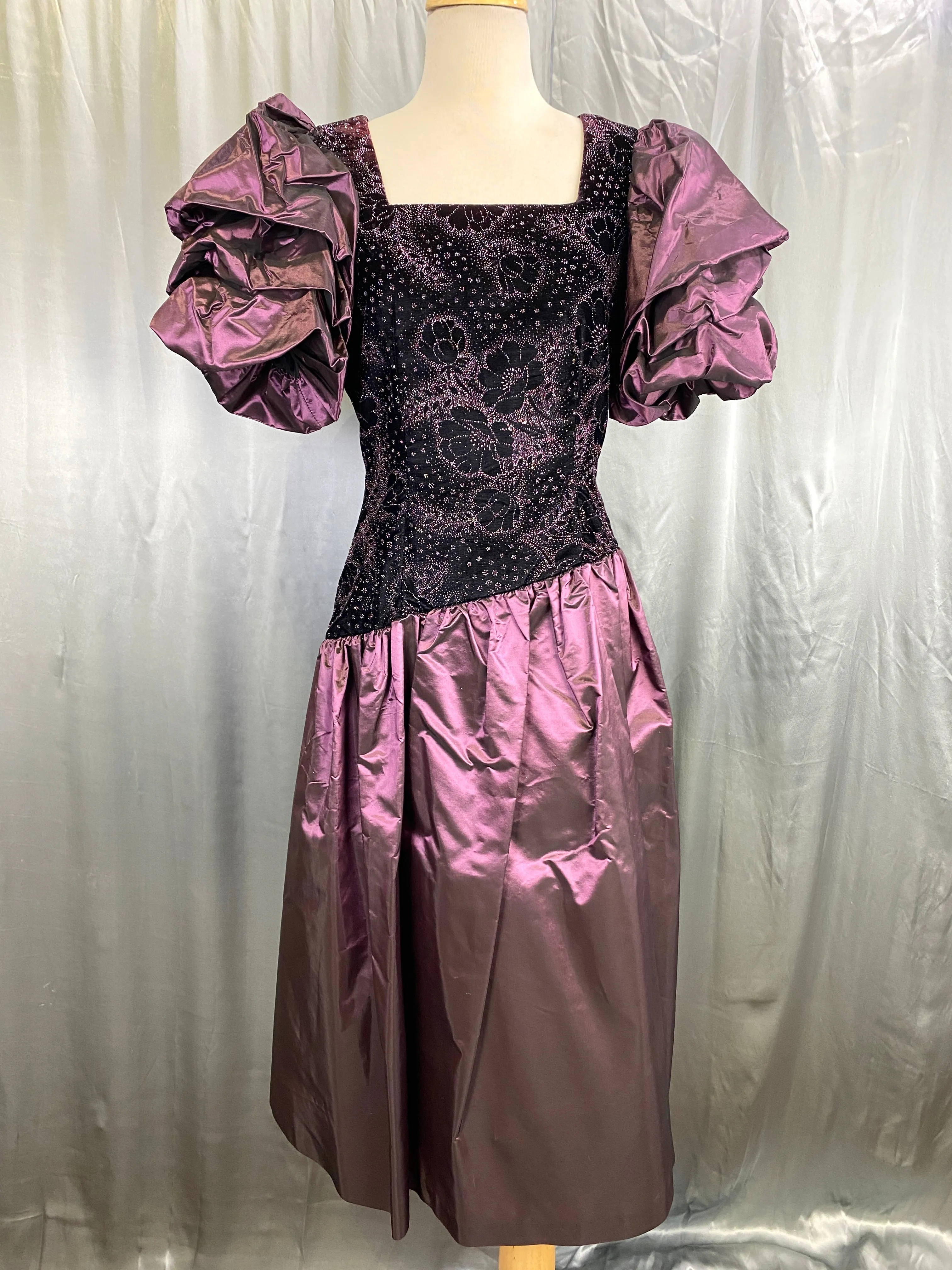 Vintage 1980s Purple Velvet & Taffeta Prom/Party Dress, Floral Sparkle Bodice, S-M
