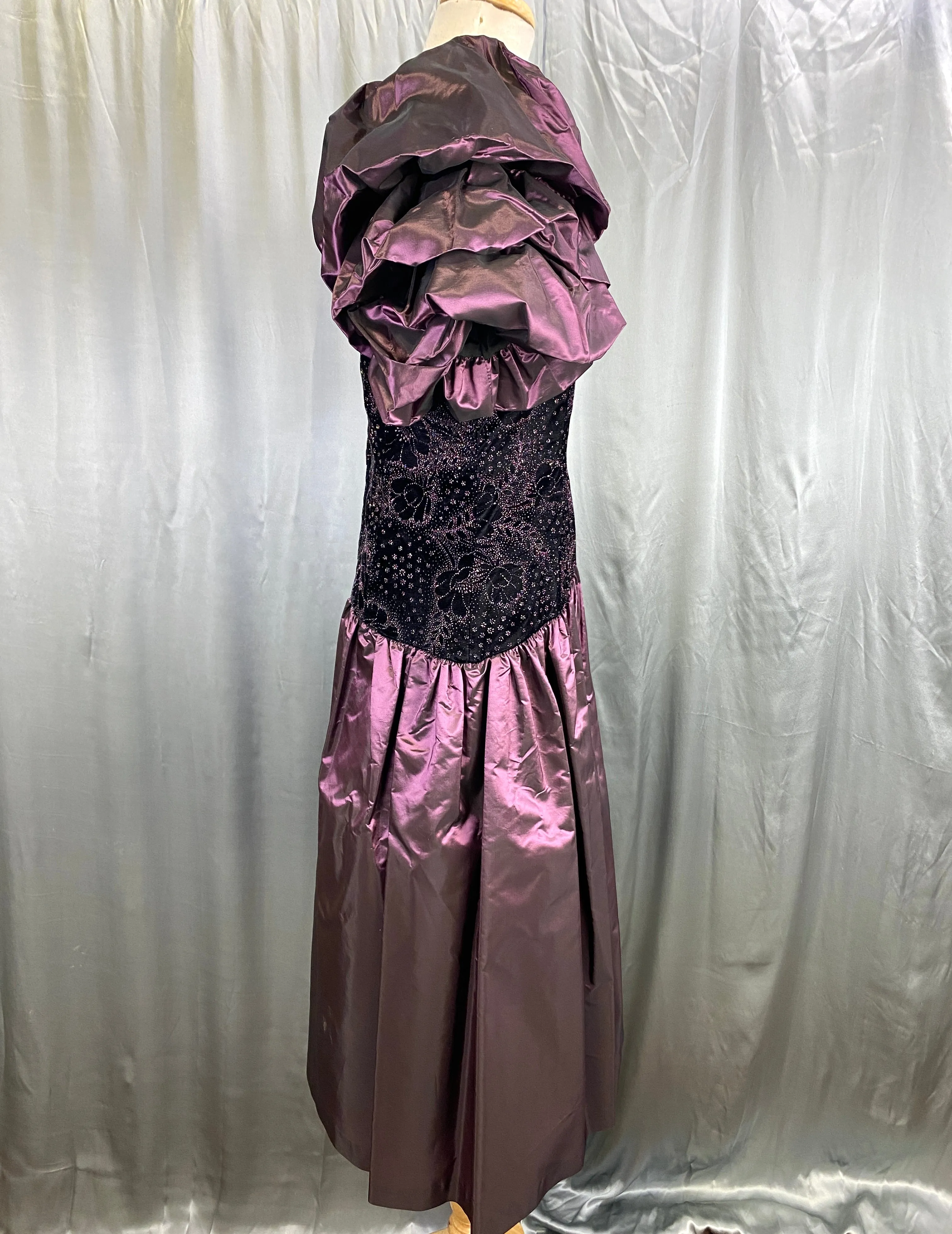 Vintage 1980s Purple Velvet & Taffeta Prom/Party Dress, Floral Sparkle Bodice, S-M