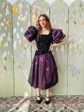 Vintage 1980s Purple Velvet & Taffeta Prom/Party Dress, Floral Sparkle Bodice, S-M