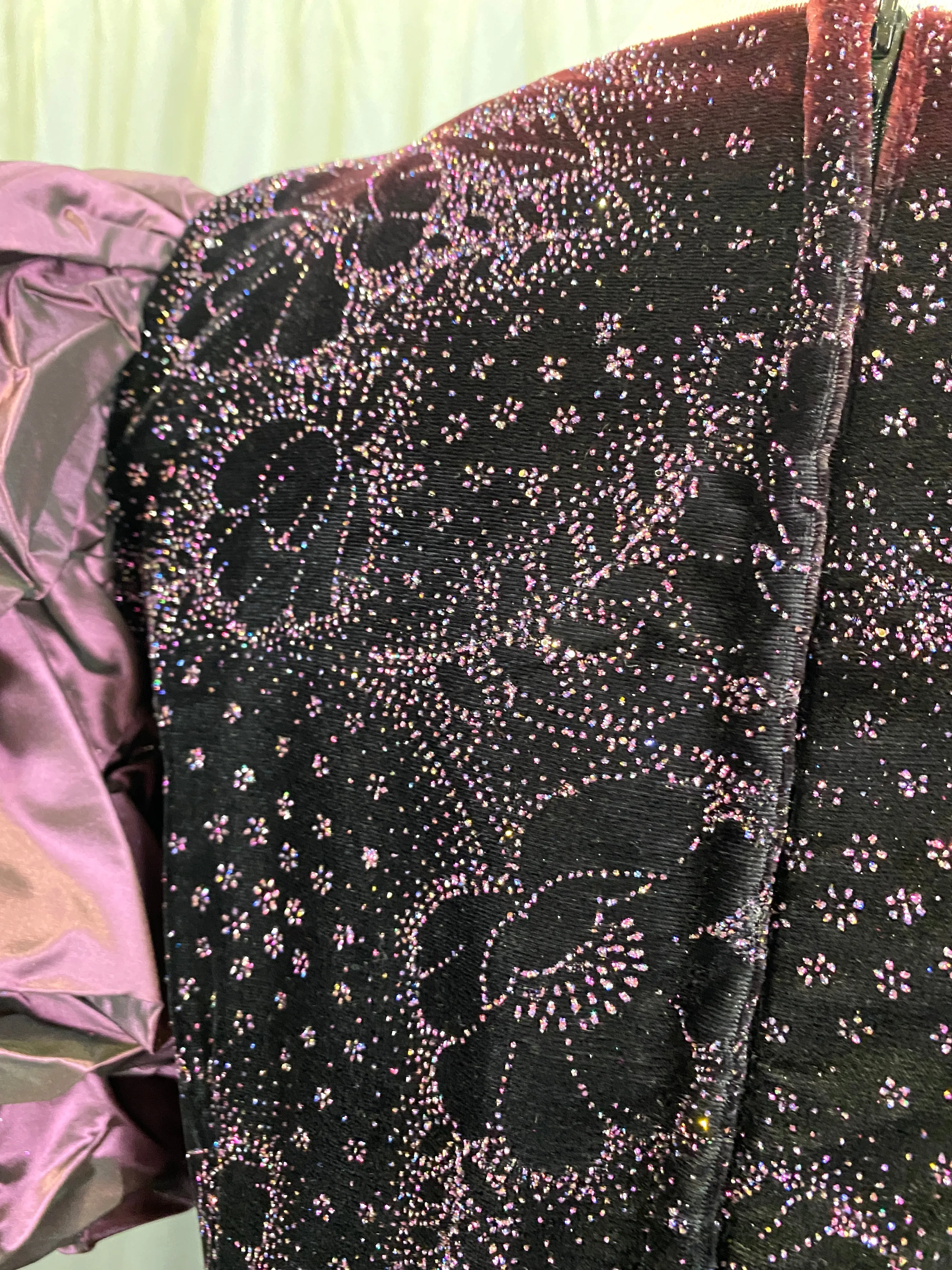 Vintage 1980s Purple Velvet & Taffeta Prom/Party Dress, Floral Sparkle Bodice, S-M