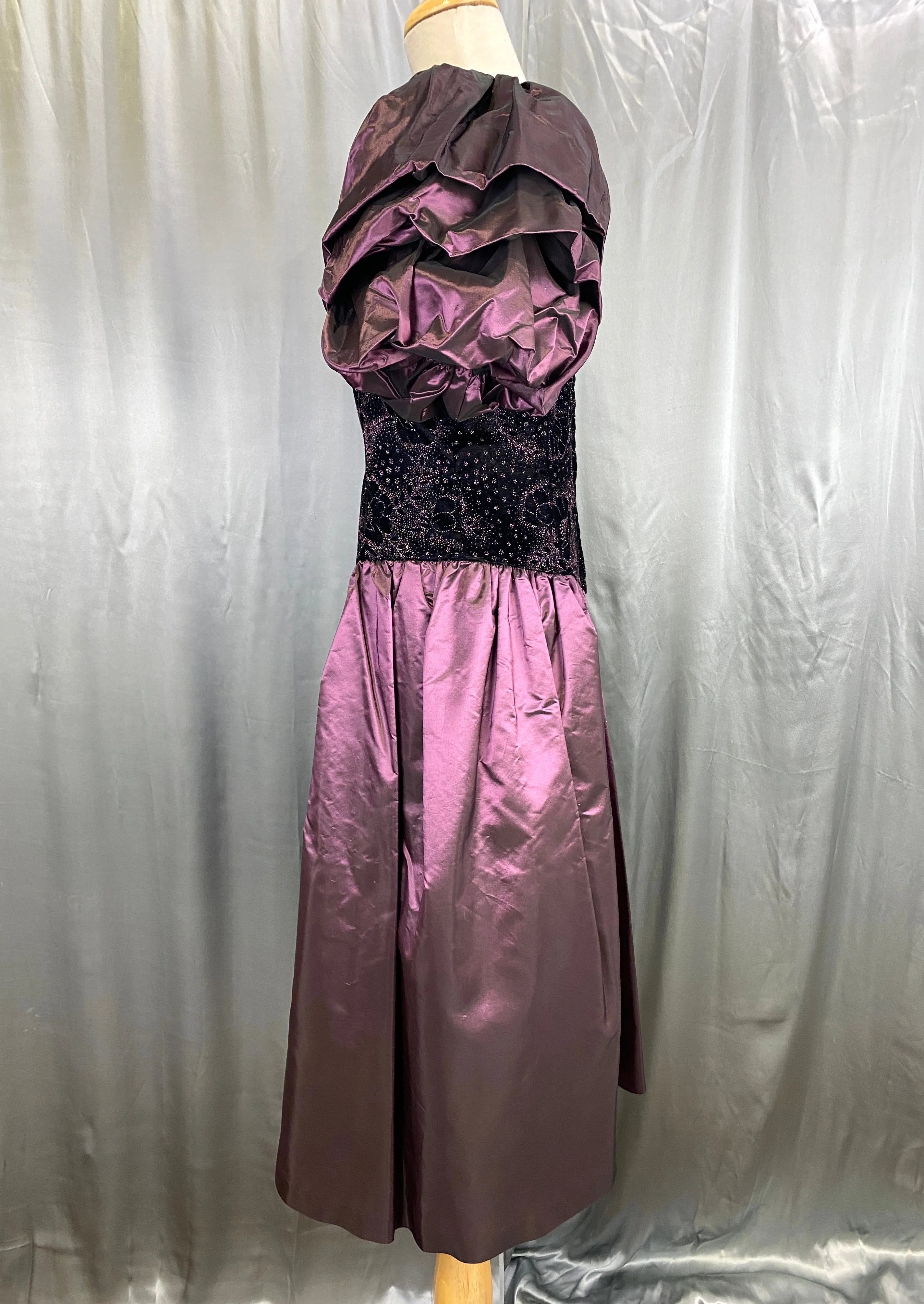 Vintage 1980s Purple Velvet & Taffeta Prom/Party Dress, Floral Sparkle Bodice, S-M