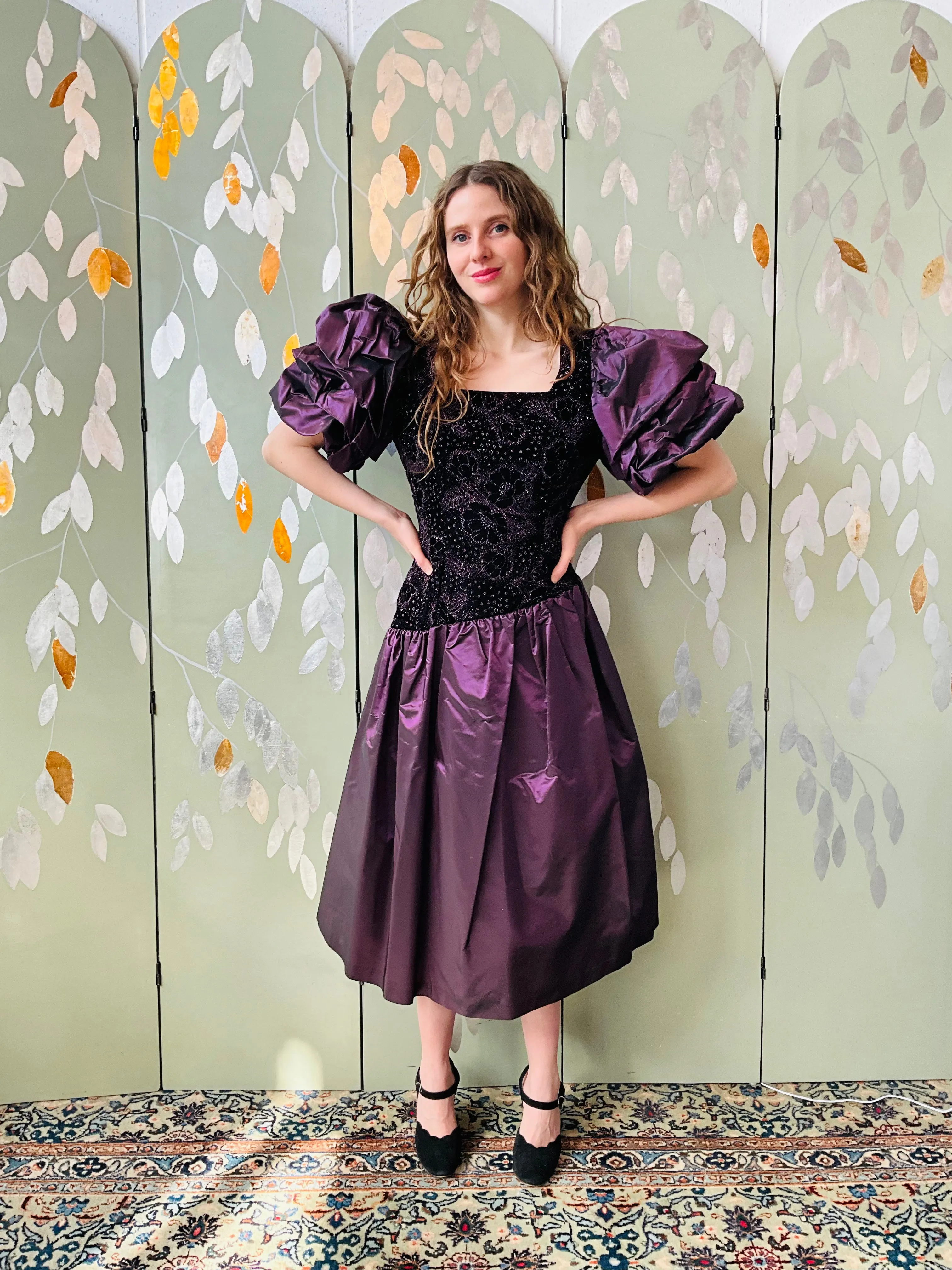 Vintage 1980s Purple Velvet & Taffeta Prom/Party Dress, Floral Sparkle Bodice, S-M
