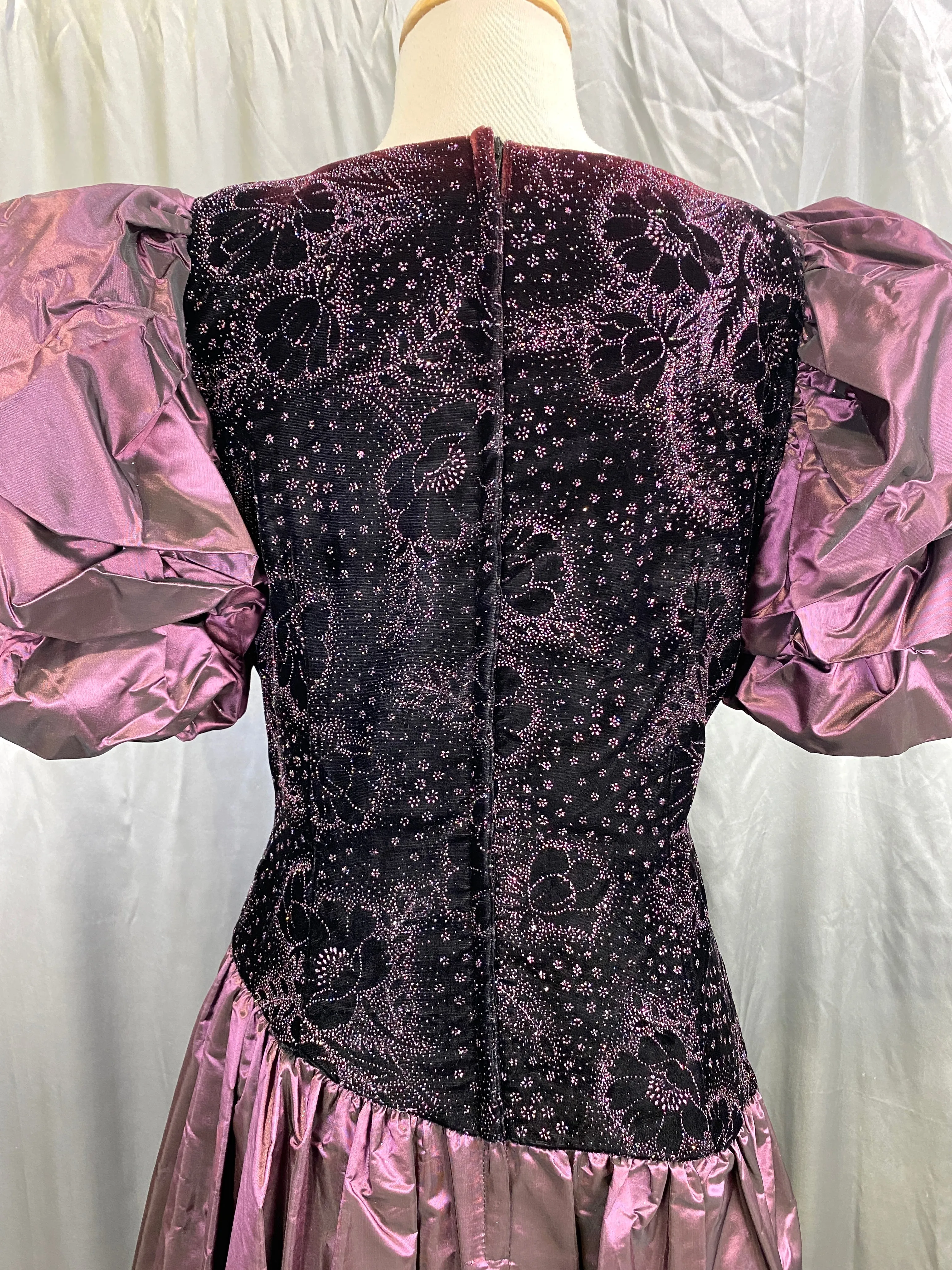Vintage 1980s Purple Velvet & Taffeta Prom/Party Dress, Floral Sparkle Bodice, S-M