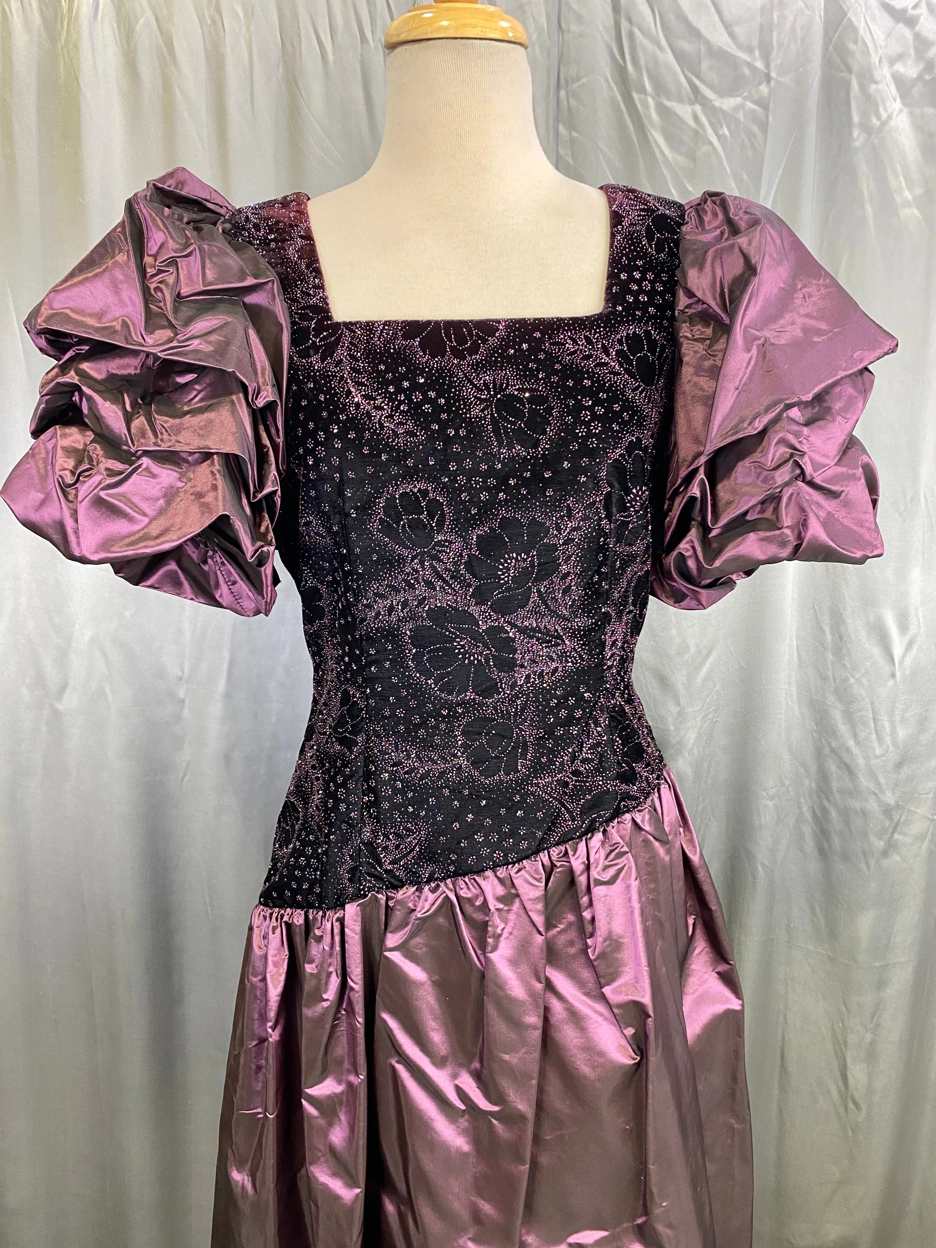 Vintage 1980s Purple Velvet & Taffeta Prom/Party Dress, Floral Sparkle Bodice, S-M