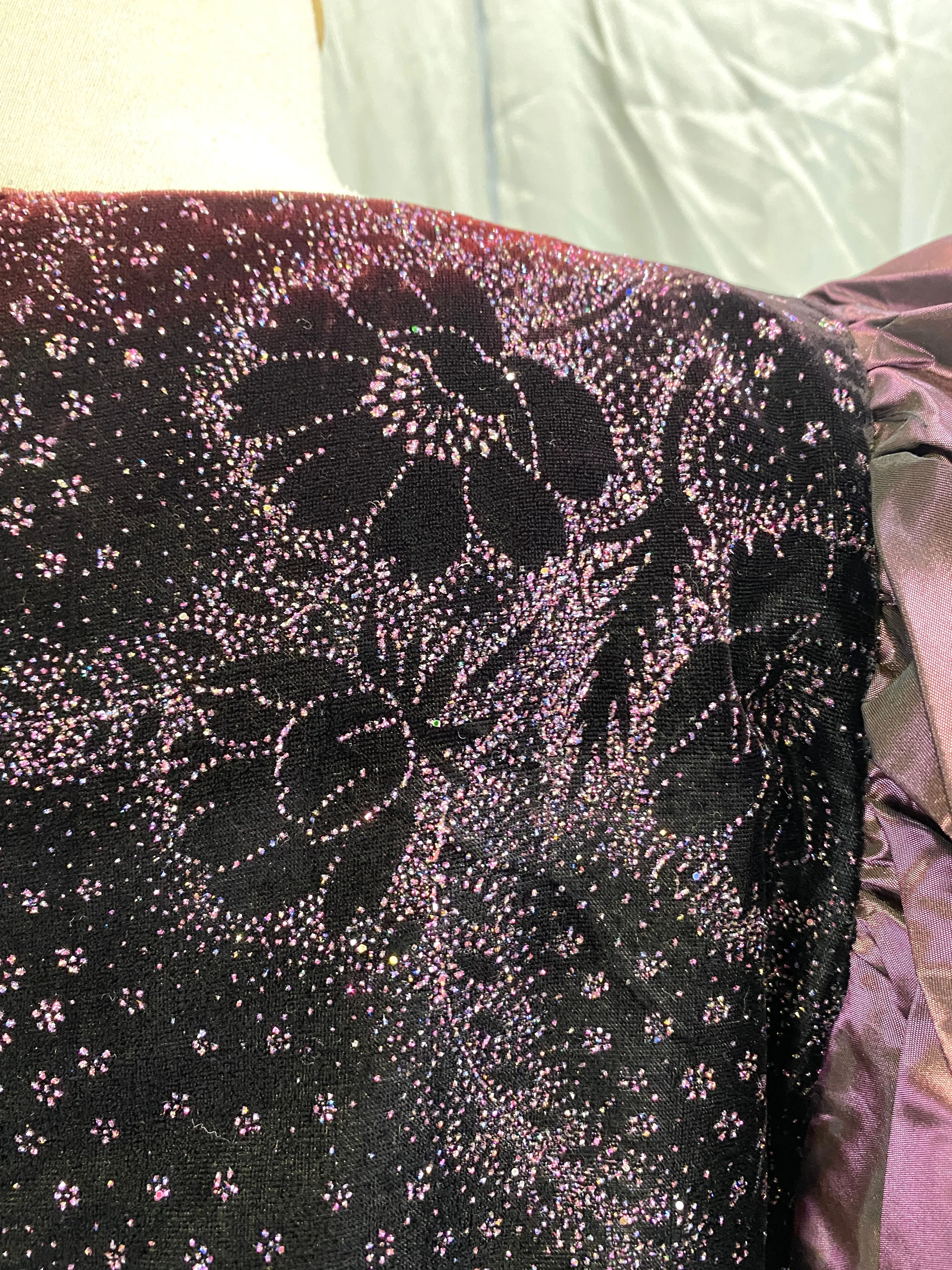 Vintage 1980s Purple Velvet & Taffeta Prom/Party Dress, Floral Sparkle Bodice, S-M