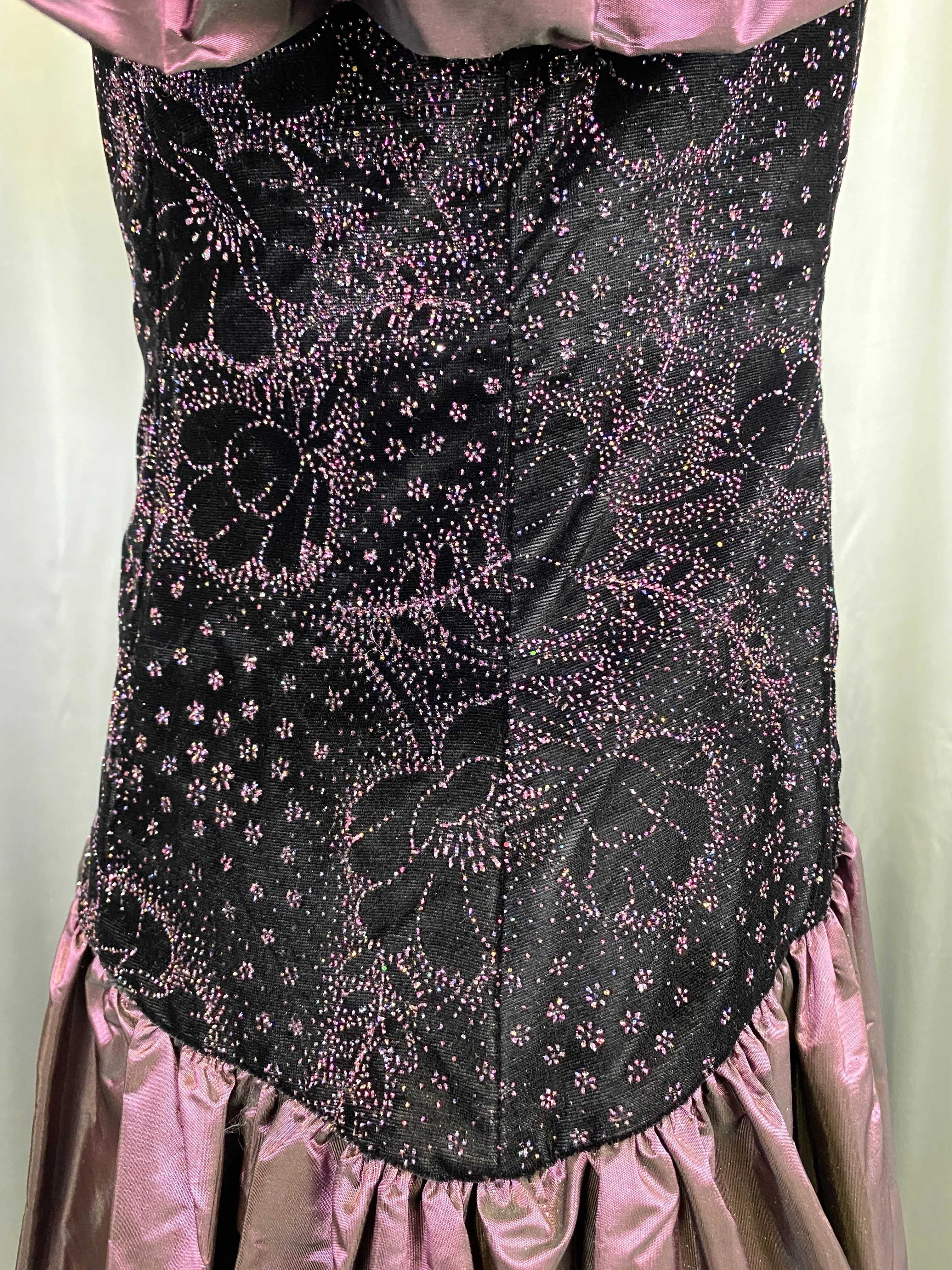 Vintage 1980s Purple Velvet & Taffeta Prom/Party Dress, Floral Sparkle Bodice, S-M