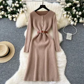 Vintage Solid Color Knitted Dress with Belt