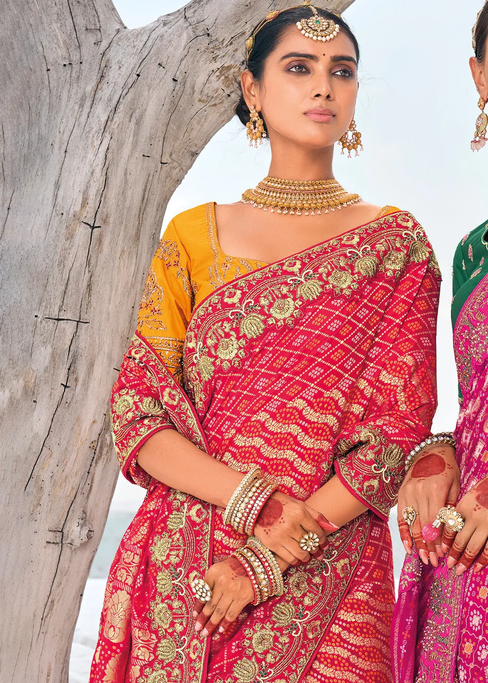 Watermelon Red Georgette Silk Saree Featuring Zari Weave, Bandhani, and Patola Design
