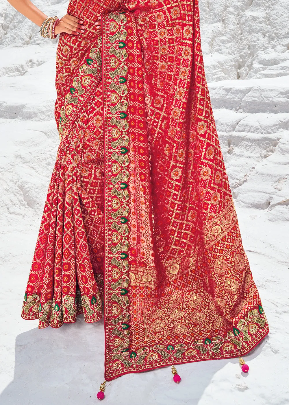 Watermelon Red Georgette Silk Saree Featuring Zari Weave, Bandhani, and Patola Design
