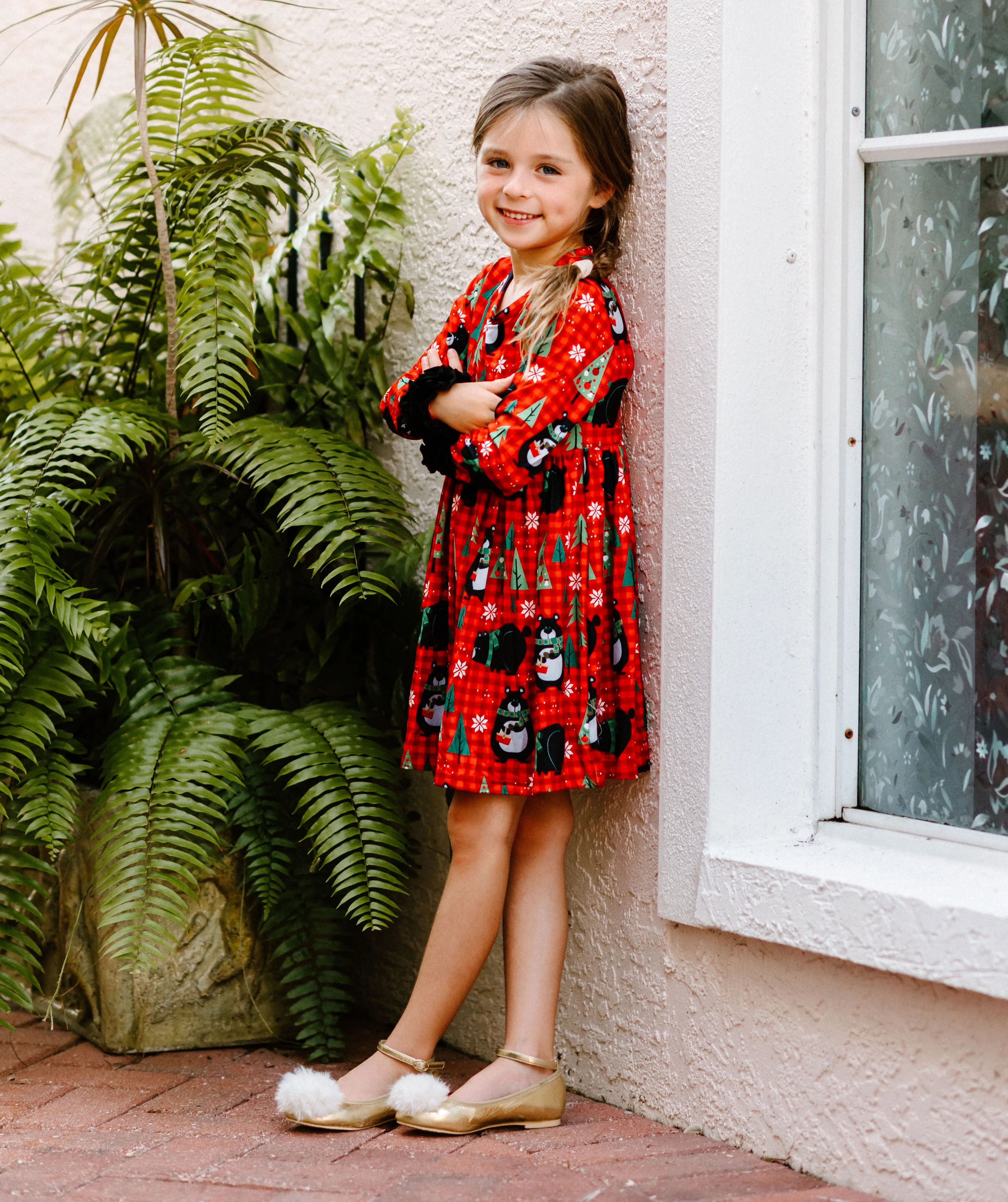 Winter Fun Girls Twirl Dresses - Red Check Black Bear Ruffle Sleeves