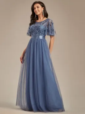 Women's A-Line Short Sleeve Embroidery Floor Length Wedding Guest Dresses