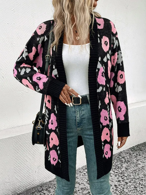 Womens Long Sleeve Floral Knit Sweater Cardigan