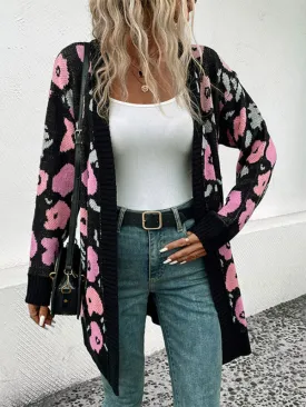 Womens Long Sleeve Floral Knit Sweater Cardigan