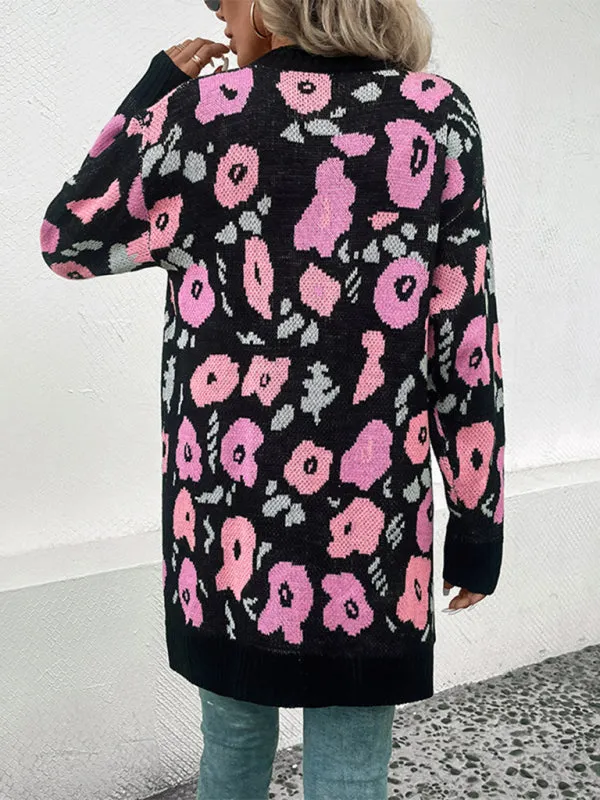 Womens Long Sleeve Floral Knit Sweater Cardigan
