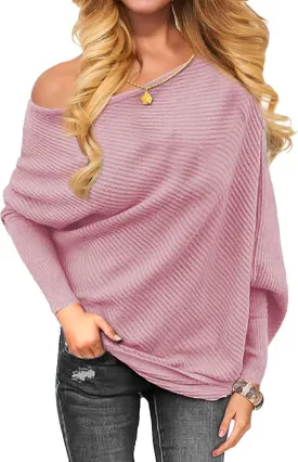 Women'S off the Shoulder Long Sleeve Pullover Knit Jumper Baggy Solid Sweater