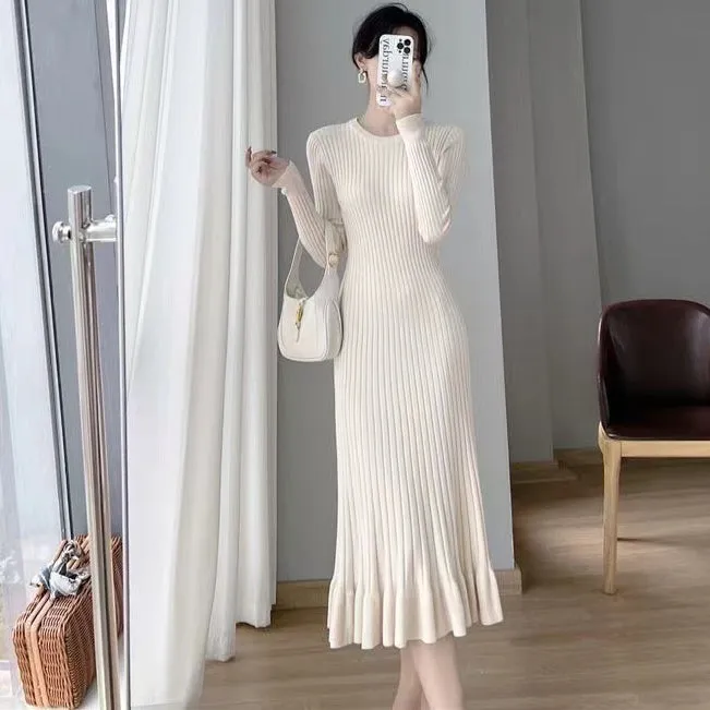 Wool Knitted All-Match Slim Long-Sleeved Round Neck Midi Dress Wholesale Dresses