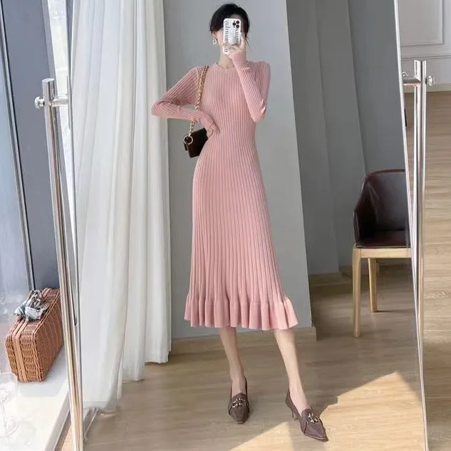 Wool Knitted All-Match Slim Long-Sleeved Round Neck Midi Dress Wholesale Dresses