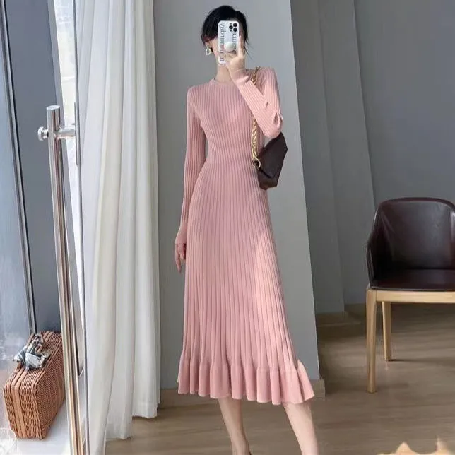 Wool Knitted All-Match Slim Long-Sleeved Round Neck Midi Dress Wholesale Dresses