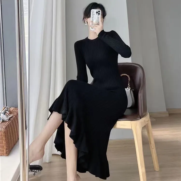 Wool Knitted All-Match Slim Long-Sleeved Round Neck Midi Dress Wholesale Dresses