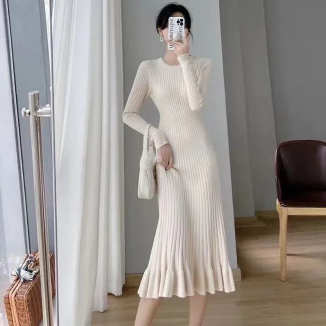 Wool Knitted All-Match Slim Long-Sleeved Round Neck Midi Dress Wholesale Dresses
